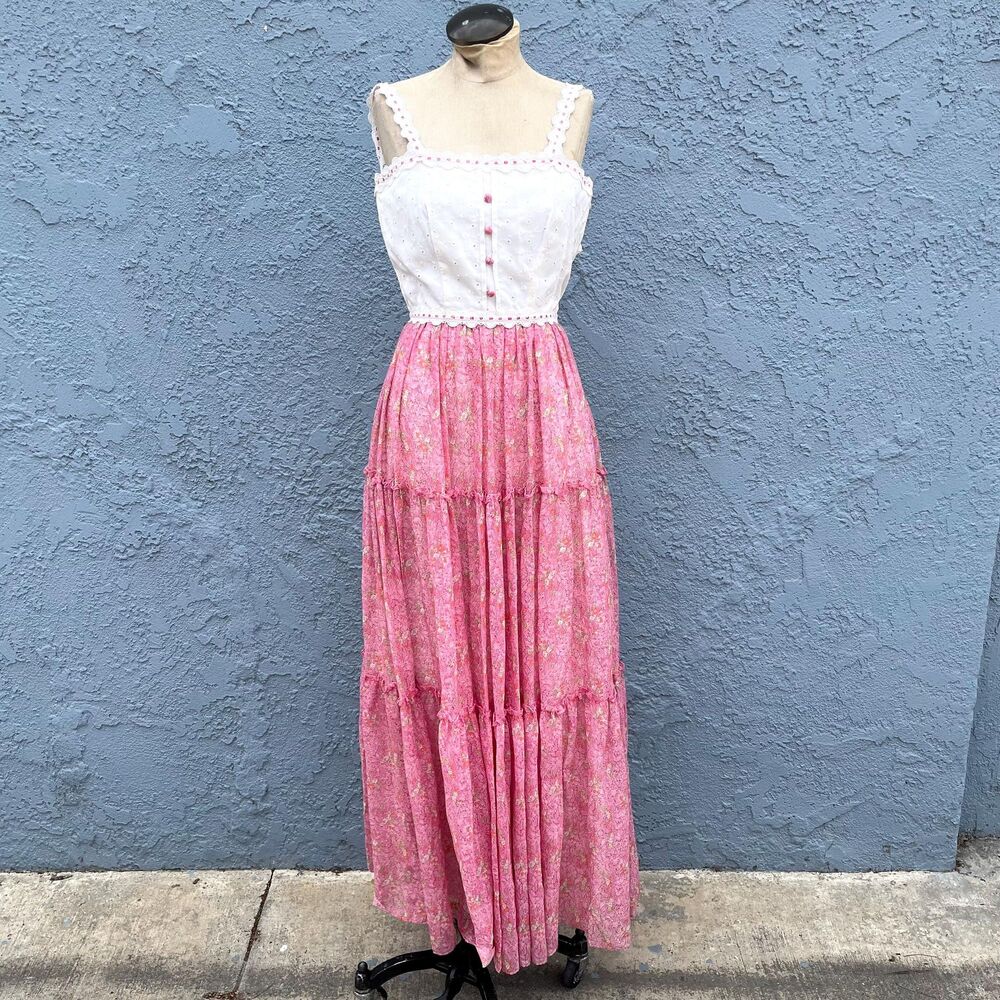 70s Floral Praire Dress in XS Pink Cottagecore Gown - Picture 2 of 10